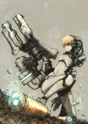 Rule 34 | 1girl, android, armor, blackball, blonde hair, blue eyes, bullet, cannon, cyberpunk, cyborg, gun, highres, looking at viewer, mecha, original, power armor, power suit, robot, science fiction, short hair, smile, solo, weapon