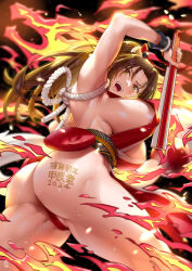 Rule 34 | 1girl, ass, body writing, breasts, brown hair, fatal fury, fire, highres, large breasts, long hair, looking at viewer, open mouth, ponytail, shiranui mai, sideboob, snk, text in ass, the king of fighters, thong