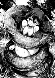 Rule 34 | 1girl, absurdres, bikini, blush, breasts, cleavage, clenched teeth, collarbone, dying, greyscale, highres, imminent vore, kuroki rei, large breasts, long hair, monochrome, parted lips, snake, struggling, sweat, swimsuit, teeth, vividred operation