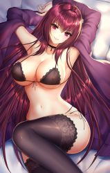 Rule 34 | 1girl, armpits, arms behind head, bad id, bad pixiv id, black bra, black panties, black thighhighs, blush, bra, breasts, cardigan, choker, cleavage, commentary request, fate/grand order, fate (series), gem, hair between eyes, head tilt, knee up, lace, lace-trimmed bra, lace-trimmed legwear, lace trim, large breasts, long hair, looking at viewer, lying, mallizmora, navel, off shoulder, on back, open cardigan, open clothes, panties, pillow, purple cardigan, purple hair, red eyes, red gemstone, scathach (fate), side-tie panties, smile, solo, stomach, thighhighs, underwear, very long hair