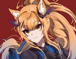 Rule 34 | 1girl, animal ear fluff, animal ears, arknights, ascot, black ascot, black shirt, blemishine (arknights), blemishine (moon catastrborn) (arknights), blonde hair, gloves, hair ornament, hand up, highres, index finger raised, long hair, looking at viewer, official alternate costume, portrait, red background, shirt, sidelocks, simple background, smile, solo, yellow eyes, yi1ling0