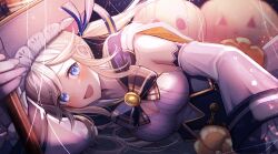 Rule 34 | 1girl, blonde hair, blue eyes, bow, breasts, cucouroux (granblue fantasy), cucouroux (halloween) (granblue fantasy), cucouroux (halloween) (granblue fantasy), detached sleeves, granblue fantasy, hat, highres, jack-o&#039;-lantern, lying, medium breasts, on side, plaid, plaid bow, takanishi takashi, twintails, witch hat