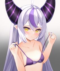 Rule 34 | 1girl, akinokazuya, bad id, bad pixiv id, bare arms, bare shoulders, bikini, blush, bow, bow bikini, braid, braided bangs, breasts, closed mouth, collarbone, commentary request, demon horns, gradient background, grey background, hair between eyes, hands up, highres, hololive, horns, la+ darknesss, long hair, multicolored hair, pointy ears, purple bikini, purple bow, purple hair, silver hair, slit pupils, small breasts, solo, streaked hair, swimsuit, upper body, very long hair, virtual youtuber, wavy mouth, white background, yellow eyes