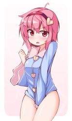 Rule 34 | 1girl, ahoge, blouse, blue shirt, blush, border, bottomless, clothes pull, collared shirt, covering crotch, covering privates, cowboy shot, crossed bangs, dress shirt, embarrassed, gradient background, hair between eyes, hairband, heart, jpeg artifacts, komeiji satori, long sleeves, looking at viewer, ominaeshi (takenoko), open mouth, outdoors, pink background, pink eyes, pink hair, ringed eyes, shirt, short hair, simple background, solo, split mouth, tears, thighs, touhou, wide sleeves