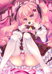 1girl blush bow bow_bra bow_panties bra breasts brown_bow brown_dress candy chocolate chocolate_heart collared_shirt commentary_request dress food food_in_mouth frilled_dress frills hair_between_eyes hair_bow hair_ornament heart heart-shaped_food heart_hair_ornament highres knees_together_feet_apart lilia_chocolanne long_hair long_sleeves looking_at_viewer mouth_hold no_shoes nose_blush original panties pink_bra pink_hair pink_panties puffy_long_sleeves puffy_sleeves purple_eyes shirt sleeves_past_wrists small_breasts solo suzunone_rena thighhighs twintails underwear valentine very_long_hair white_shirt white_thighhighs