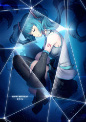 Rule 34 | 10s, 1girl, 2014, aqua hair, boots, dated, detached sleeves, closed eyes, happy birthday, hatsune miku, long hair, necktie, rosuuri, skirt, solo, thigh boots, thighhighs, twintails, vocaloid