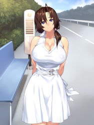 Rule 34 | 1girl, 23 (real xxiii), absurdres, ahoge, arms behind back, blue eyes, blush, breasts, brown hair, bus stop, cleavage, collared dress, covered erect nipples, day, dress, game cg, hair tie, highres, hill, inaka no onee-chan to hito natsu docha ero icha love sex, large breasts, looking at viewer, low ponytail, medium hair, nose blush, outdoors, side ponytail, sky, sleeveless, sleeveless dress, smile, solo, standing, white dress