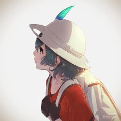 Rule 34 | 10s, 1girl, backpack, bag, black hair, blue eyes, collarbone, commentary request, feathers, gloves, helmet, highres, holding strap, kaban (kemono friends), kemono friends, pith helmet, profile, shirt, short hair, short sleeves, solo, t-shirt, takami masahiro