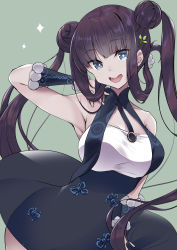 Rule 34 | 1girl, bare shoulders, black dress, blue eyes, blunt ends, blush, breasts, detached sleeves, double bun, dress, fate/grand order, fate (series), green background, hair bun, highres, large breasts, long hair, looking at viewer, open mouth, purple hair, sasakuma kyouta, sidelocks, simple background, smile, solo, sparkle, sparkling eyes, yang guifei (fate), yang guifei (first ascension) (fate)