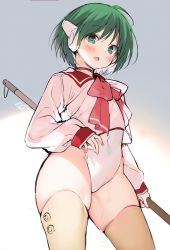 Rule 34 | 1girl, android, blush, byulzzi, choker, covered navel, green eyes, green hair, highres, mop, multi (to heart), no pants, one-piece swimsuit, open mouth, pink shirt, robot ears, school uniform, serafuku, shirt, short hair, solo, swimsuit, swimsuit under clothes, thighhighs, thighs, to heart, to heart (series), white one-piece swimsuit, white thighhighs