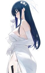 Rule 34 | 1girl, ass, bare shoulders, black hair, blue archive, blue eyes, breasts, dress, gloves, halo, large breasts, long hair, looking at viewer, looking back, preview (preview0), saori (blue archive), saori (dress) (blue archive), solo, white dress, white gloves