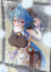 Rule 34 | 1girl, absurdres, against glass, ahoge, artist request, bad id, bad pixiv id, bare shoulders, black pantyhose, blue hair, blush, bodysuit, breast press, breasts, breasts on glass, cowbell, crossed bangs, dated, detached sleeves, embarrassed, ganyu (genshin impact), genshin impact, hand on glass, heart, heart-shaped pupils, highres, horns, jewelry, large breasts, long hair, looking at viewer, low ponytail, neck bell, necklace, open mouth, pantyhose, ponytail, purple eyes, snowing, solo, symbol-shaped pupils, very long hair, window
