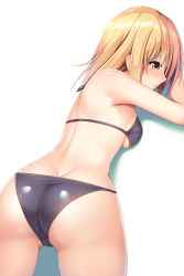 Rule 34 | 1girl, arm pillow, arm support, ass, back, blonde hair, blush, breasts, butt crack, cameltoe, closed mouth, commentary request, from above, from behind, gluteal fold, highres, light smile, looking to the side, lying, medium breasts, medium hair, noshimasa, on stomach, original, partial commentary, simple background, solo, swimsuit, thighs, white background