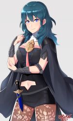 Rule 34 | 1girl, absurdres, armor, blue eyes, blue hair, breasts, byleth (female) (fire emblem), byleth (fire emblem), cape, fire emblem, fire emblem: three houses, gloves, hair ornament, highres, long hair, looking at viewer, medium breasts, nintendo, pantyhose, sarukaiwolf, short hair, shorts, simple background, smile, solo, standing, upper body, white background