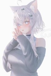 Rule 34 | 1girl, :o, ahoge, animal ear fluff, animal ears, bow, breasts, cat ears, hair bow, highres, indie virtual youtuber, interlocked fingers, jewelry, large breasts, necklace, off-shoulder sweater, off shoulder, open mouth, own hands clasped, own hands together, purple eyes, ribbed sweater, short hair with long locks, solo, sweater, teeth, unusa, upper body, upper teeth only, utaha shiu (vtuber), virtual youtuber, white hair