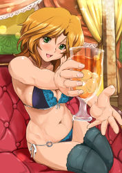 Rule 34 | 1girl, :d, bikini, blush, breasts, brown hair, cleavage, couch, cup, dream c club, dream c club (series), drinking glass, foreshortening, front-tie top, futaba riho, green eyes, highres, ice, ice cube, navel, o-ring, o-ring bottom, open mouth, outstretched arms, red upholstery, shiny skin, shu-z, side-tie bikini bottom, sitting, smile, solo, sparkle, string bikini, swimsuit, thighhighs, wine glass
