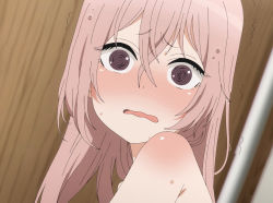 Rule 34 | 1girl, @ @, bare shoulders, blush, embarrassed, grey eyes, hair between eyes, highres, inui sajuna, long hair, looking at viewer, open mouth, pink hair, screencap, sono bisque doll wa koi wo suru, stitched, third-party edit, wet