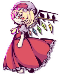 Rule 34 | 1girl, ascot, blonde hair, bow, chibi, closed mouth, crystal, fang, fang out, flandre scarlet, frilled shirt collar, frilled skirt, frilled vest, frills, from side, full body, hat, hat bow, medium hair, mob cap, multicolored wings, puffy short sleeves, puffy sleeves, red bow, red eyes, red skirt, red vest, shirt, short sleeves, simple background, skirt, solo, touhou, vest, white background, white hat, white shirt, wings, yellow ascot, yumesoraneko