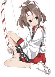 Rule 34 | 10s, 1girl, absurdres, bow (weapon), brown eyes, brown hair, closed mouth, collarbone, fingernails, from side, full body, geta, headband, highres, holding, holding weapon, kantai collection, long sleeves, looking at viewer, looking to the side, muneate, ponytail, red skirt, sandals, short hair, skirt, smile, socks, solo, tabi, weapon, white socks, wide sleeves, yamamoto souichirou, zuihou (kancolle)