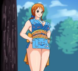 Rule 34 | 1girl, areola slip, artist request, breasts, brown eyes, cleavage, covered erect nipples, curvy, female focus, highres, huge breasts, japanese clothes, kimono, long hair, looking at viewer, lying, nami (one piece), on side, one piece, open mouth, orange hair, panties, see-through, short kimono, smile, solo, tattoo, underwear