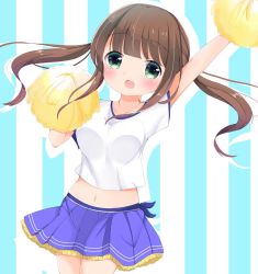 Rule 34 | 1girl, :d, alternate costume, alternate hairstyle, arm up, bad id, bad pixiv id, blue skirt, blunt bangs, blush, breasts, brown hair, cheerleader, commentary request, cowboy shot, frilled skirt, frills, gochuumon wa usagi desu ka?, green eyes, groin, long hair, looking at viewer, maru usagi (maruusagi22), medium breasts, midriff, miniskirt, navel, open mouth, outline, pleated skirt, pom pom (cheerleading), sidelocks, skirt, smile, solo, standing, striped, striped background, twintails, two-tone background, ujimatsu chiya, vertical stripes, white outline