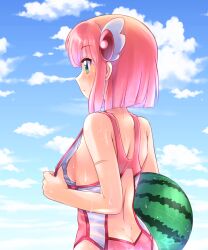 Rule 34 | 1girl, breasts, chiyoda momo, cloud, food, fruit, galleon-joe, green eyes, hair ornament, hairclip, highres, lifting own clothes, machikado mazoku, medium breasts, nipples, pink hair, scar, sideboob, sky, solo, swimsuit, watermelon, wet, wet clothes, wet swimsuit