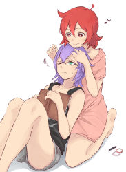 Rule 34 | 2girls, absurdres, alternate costume, annoyed, blush, casual, chariot du nord, couple, croix meridies, glasses, green eyes, happy, highres, little witch academia, looking at another, multiple girls, musical note, oishii tuna, purple hair, red eyes, red hair, simple background, smile, ursula callistis, white background, aged down, yuri