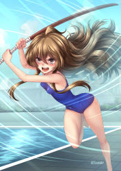 Rule 34 | 1girl, adsouto, aisaka taiga, artist name, blue one-piece swimsuit, blue sky, blush, bokken, breasts, brown eyes, brown hair, covered navel, day, facing viewer, highres, long hair, motion lines, one-piece swimsuit, open mouth, outdoors, pool, running, school swimsuit, sky, small breasts, solo, swimsuit, sword, toradora!, weapon, wooden sword