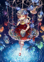 Rule 34 | 1girl, absurdres, animal, arm ribbon, ascot, asymmetrical hair, bad id, bad pixiv id, bird, blonde hair, bow, bug, butterfly, cage, ekita kuro, evil grin, evil smile, flandre scarlet, flower, frills, full body, glowing, glowing eyes, grin, hat, hat flower, hat ribbon, highres, insect, kneehighs, leaf, light particles, lock, mary janes, mob cap, petals, puffy sleeves, red eyes, ribbon, rose, shaded face, shirt, shoes, short sleeves, side ponytail, skirt, skirt set, skull, smile, socks, solo, touhou, vest, white socks, wings, wrist cuffs