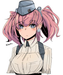 Rule 34 | 1girl, atlanta (kancolle), black hat, blush, bra visible through clothes, breasts, brown hair, buttons, closed mouth, collared shirt, commentary, cropped torso, earrings, garrison cap, grey eyes, hair between eyes, hat, headgear, highres, isetta, jewelry, kantai collection, large breasts, long hair, military, military hat, shirt, simple background, solo, star (symbol), star earrings, suspenders, twitter username, two side up, white background, white shirt