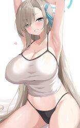 Rule 34 | 1girl, absurdres, armpits, arms up, asuna (blue archive), asymmetrical bangs, black panties, blue archive, breasts, camisole, cleavage, collarbone, crop top, hair over one eye, halo, hayana neru, heart, highleg, highleg panties, highres, huge breasts, light brown hair, long bangs, long hair, looking at viewer, mole, mole on breast, navel, panties, simple background, solo, stomach, straight hair, string panties, underwear, underwear only, very long hair, white background, white camisole