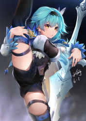 Rule 34 | 1girl, absurdres, black hairband, black shorts, black thighhighs, blue hair, blush, bodystocking, covered navel, dated, eula (genshin impact), genshin impact, greatsword, hairband, highres, leg up, long sleeves, looking at viewer, parted lips, planted, planted sword, planted weapon, short hair, shorts, signature, solo, split, standing, standing on one leg, standing split, sword, thigh strap, thighhighs, v-shaped eyebrows, weapon, xiaoyu, yellow eyes