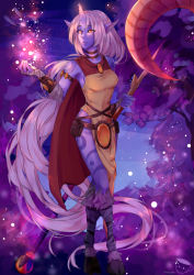 Rule 34 | 1girl, absurdly long hair, artist name, cape, colored skin, dated, full body, glacescup, highres, holding, holding staff, hooves, league of legends, long hair, looking to the side, magic, night, outdoors, pointy ears, ponytail, pouch, purple skin, red cape, solo, soraka (league of legends), staff, standing, tattoo, very long hair, watermark, white hair