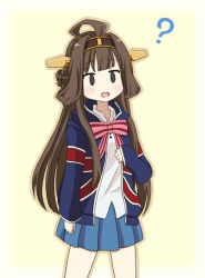 Rule 34 | 1girl, ?, ahoge, brown hair, cosplay, double-master, flag print, hairband, hood, hoodie, jacket, japanese clothes, kantai collection, kin-iro mosaic, kongou (kancolle), kujou karen, kujou karen (cosplay), long hair, open clothes, open hoodie, open mouth, personification, voice actor connection, skirt, solo, touyama nao, union jack