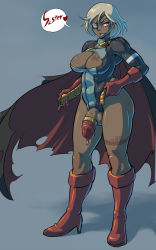 Rule 34 | 1girl, belt, blue eyes, boots, breasts, cape, cleavage, corruption, dark skin, dc comics, eyepatch, flaccid, full body, futanari, gloves, gradient background, grey hair, large breasts, large penis, mikoyan, penis, plump, power girl, skin tight, smile, solo, standing, superhero costume, tattoo, testicles