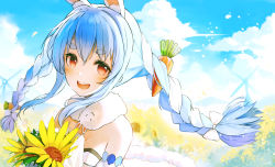 Rule 34 | 1girl, :d, animal ear fluff, animal ears, bare shoulders, blue hair, blush, bow, braid, breasts, carrot hair ornament, commentary request, day, detached sleeves, don-chan (usada pekora), dress, flower, food-themed hair ornament, hair between eyes, hair bow, hair ornament, highres, hololive, long hair, looking at viewer, multicolored hair, open mouth, outdoors, puffy sleeves, rabbit ears, red eyes, short eyebrows, sidelocks, small breasts, smile, snozaki, strapless, strapless dress, sunflower, teeth, thick eyebrows, twin braids, twintails, two-tone hair, upper body, upper teeth only, usada pekora, usada pekora (1st costume), virtual youtuber, white bow, white dress, white hair, white sleeves, wind turbine, windmill, yellow flower