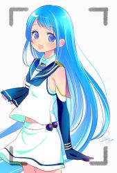 Rule 34 | 1girl, black gloves, black neckerchief, black sailor collar, blue eyes, blue hair, chou2, commentary request, cowboy shot, elbow gloves, gloves, gradient hair, kantai collection, long hair, looking at viewer, multicolored hair, neckerchief, one-hour drawing challenge, sailor collar, samidare (kancolle), school uniform, serafuku, shirt, simple background, sleeveless, sleeveless shirt, smile, solo, standing, swept bangs, very long hair, viewfinder, white background, white serafuku