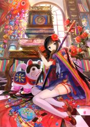Rule 34 | &gt;:(, 1girl, absurdres, black hair, blue eyes, blue shirt, blue skirt, brown footwear, brown gloves, clock, closed mouth, colorful, floral print, flower, fox mask, frown, fuzichoco, gloves, hair flower, hair ornament, highres, hime cut, katana, loafers, long hair, looking at viewer, marble (toy), mask, neckerchief, non-web source, original, puffy short sleeves, puffy sleeves, sheath, sheathed, shirt, shoes, short sleeves, side slit, sitting, skindentation, skirt, skirt set, solo, sword, table, thighhighs, v-shaped eyebrows, very long hair, weapon, white thighhighs, window, yokozuwari