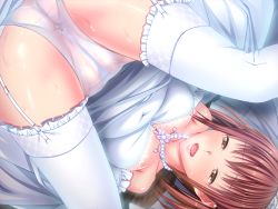 Rule 34 | 1girl, arms behind back, ass, bare shoulders, breasts, brown eyes, brown hair, cameltoe, cleavage, covered navel, dress, drooling, female focus, flower, frills, game cg, garter belt, jewelry, kankin shoujo, necklace, nyan kyatto, open mouth, panties, see-through, shinomori minami, solo, sweat, tears, thighhighs, tongue, top-down bottom-up, underwear, upside-down, wedding dress, white panties, white thighhighs