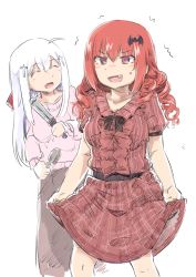 Rule 34 | 2girls, :d, ^ ^, ahoge, alternate hairstyle, bat hair ornament, blush, breasts, brown skirt, closed eyes, collarbone, comb, commentary request, curling iron, curly hair, dress, gabriel dropout, hair between eyes, hair down, hair ornament, hair straightener, highres, holding, large breasts, leaning to the side, long hair, long sleeves, multiple girls, nose blush, open mouth, orange hair, pink dress, pink eyes, pink sweater, plaid, plaid dress, puffy short sleeves, puffy sleeves, raphiel shiraha ainsworth, satanichia kurumizawa mcdowell, sekaihebi, short sleeves, sketch, skirt, skirt hold, smile, standing, sweatdrop, sweater, trembling, v-shaped eyebrows, white background, white hair