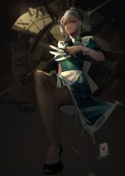 Rule 34 | 1girl, ace (playing card), ace of hearts, alternate eye color, apron, between fingers, black footwear, black pantyhose, blue dress, bow, braid, broken, brown eyes, card, clock, commentary, crack, dark, dress, english commentary, evil smile, green bow, grey background, grey hair, hair bow, half-closed eyes, heart, highres, holding, invisible chair, izayoi sakuya, knife, looking at viewer, looking down, maid headdress, mole, mole under eye, pantyhose, parted lips, playing card, puffy short sleeves, puffy sleeves, roman numeral, short hair, short sleeves, sitting, smile, solo, touhou, twin braids, tzafra, waist apron, white apron, wing collar