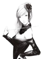 Rule 34 | 1girl, bare shoulders, baton, conductor baton, breasts, cleavage, detached collar, dress, eyelashes, face, flower, greyscale, hair flower, hair ornament, hand on own hip, hip focus, lips, looking at viewer, monochrome, original, simple background, small breasts, solo, sousou (sousouworks), swept bangs