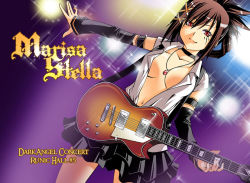 Rule 34 | 1girl, armband, breasts, brown hair, choker, cleavage, detached sleeves, dutch angle, electric guitar, english text, guitar, hair ornament, hairclip, instrument, jewelry, lucrecia, miniskirt, navel, necklace, open clothes, open shirt, original, pleated skirt, raynart, red eyes, shirt, skirt, smile, solo, spotlight