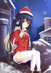 Rule 34 | 1girl, black hair, blush, buttons, capelet, carrying bag, carrying over shoulder, christmas, commentary, double-breasted, dress, english commentary, fur trim, hair between eyes, hat, long hair, long sleeves, looking at viewer, muwa12, neptune (series), night, night sky, noire (neptunia), on roof, outdoors, red capelet, red dress, red eyes, santa costume, santa hat, sitting on roof, sky, smile, snow, snowing, solo, star (sky), starry sky, thighhighs, twintails, very long hair, white thighhighs