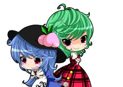 Rule 34 | ascot, blue hair, blush, bow, crossed arms, fingers together, flower, food, fruit, green hair, hat, hinanawi tenshi, index fingers together, kayama benio, kazami yuuka, long hair, multiple girls, open mouth, peach, plaid, plaid skirt, plaid vest, red eyes, short hair, simple background, skirt, skirt set, smile, tears, touhou, vest, white background