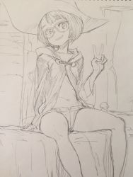 Rule 34 | 10s, 1girl, bed, glasses, graphite (medium), hat, highres, little witch academia, midriff, monochrome, navel, nekoi mie, short hair, short shorts, shorts, sitting, sketch, smile, solo, traditional media, v, witch hat
