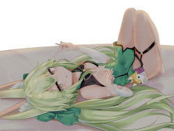 Rule 34 | 1girl, :o, absurdres, animal ear fluff, animal ears, arm warmers, art556 (girls&#039; frontline), bare shoulders, barefoot, blush, bow, breasts, brown eyes, closed mouth, commentary, dress, fox ears, fox shadow puppet, full body, girls&#039; frontline, green bow, green dress, green hair, hair between eyes, hair bow, highres, long hair, looking at viewer, lying, on back, ru zhai, small breasts, smile, solo, torn clothes, torn dress, twintails, very long hair