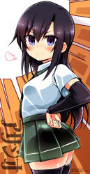 Rule 34 | 10s, 1girl, arm warmers, asashio (kancolle), ass, black hair, black thighhighs, blue eyes, breasts, breath, dated, hands on own hips, kantai collection, long hair, pleated skirt, richou (zerozero1101), school uniform, shirt, short sleeves, skirt, small breasts, solo, suspenders, thighhighs, twitter username, white shirt