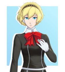 Rule 34 | 1girl, absurdres, aegis (persona), android, blonde hair, blue background, blue eyes, bow, bowtie, breasts, commentary, ememtrp, english commentary, female focus, gekkoukan high school uniform, headphones, highres, joints, looking at viewer, pale skin, persona, persona 3, persona 3 portable, persona 3 reload, ribbon, robot joints, school uniform, short hair, simple background, small breasts, solo