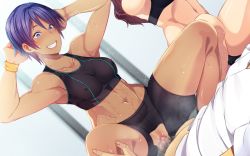 Rule 34 | 2girls, abs, armpits, arms behind head, arms up, bare arms, bare shoulders, bike shorts, black legwear, blue eyes, blue hair, breasts, butcha-u, censored, clenched teeth, clothed sex, covered erect nipples, crotchless, dark skin, feet, game cg, girl on top, group sex, indoors, kenzen! hentai seikatsu no susume, legs, looking down, lying, maezono chihiro, matching hair/eyes, midriff, mosaic censoring, multiple boys, multiple girls, navel, orgy, original, penis, pussy, sex, shoes, short hair, sitting, sitting on person, sleeveless, small breasts, smile, sneakers, socks, solo focus, sports bra, sweat, sweatband, teeth, thighs, toned, vaginal